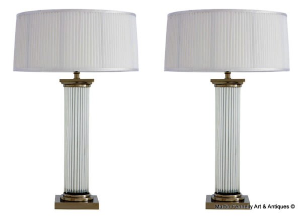 941 Pair Crystal and Nickel Table Lamps - Pleated Shades