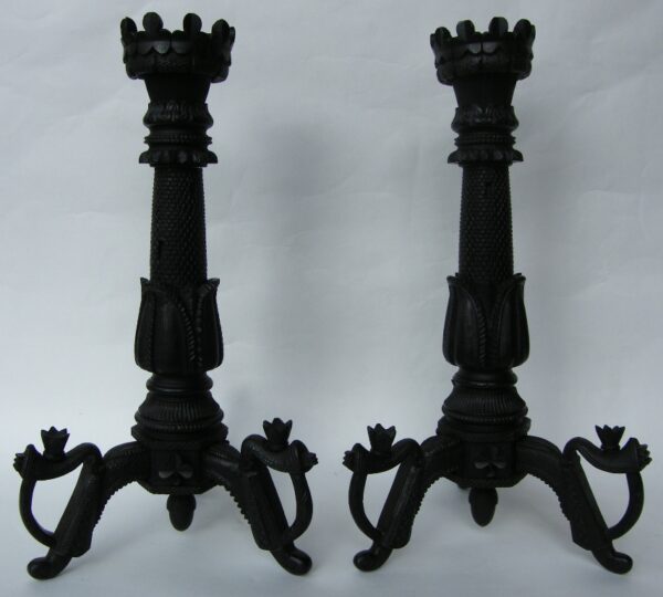 185 Large Pair Irish Bog Oak Candlesticks Museum Quality - Circa 1870