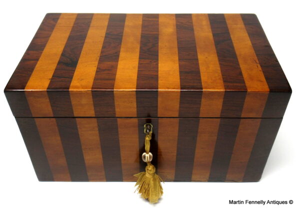 856 Sold Rosewood and Satinwood Banded Single Tea Caddy 19thCt