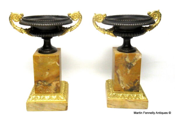 487 Sold Fine Pair Grand Tour Ormolu Patinated Bronze Sienna Marble Tazza Urns early 19thCt