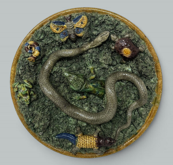 579 Sold Antique Majolica Palissy Portuguese Charger by Jose A Cunha Butterfly Snake 1905