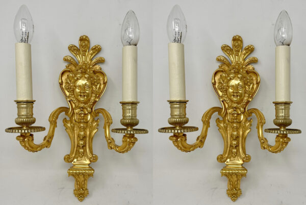 697 Sold Antique Pair Ormolu Gilt Bronze Twin Light Wall Candle Sconces Appliques 19th Ct