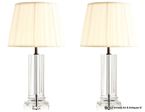 M074 Sold Pair Crystal Column Lamps - With Pleated Shades