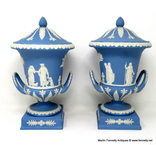 307 Sold Antique Pair of Blue Wedgwood Jasperware Ceramic Urns Vases Mythological Classical Scenes