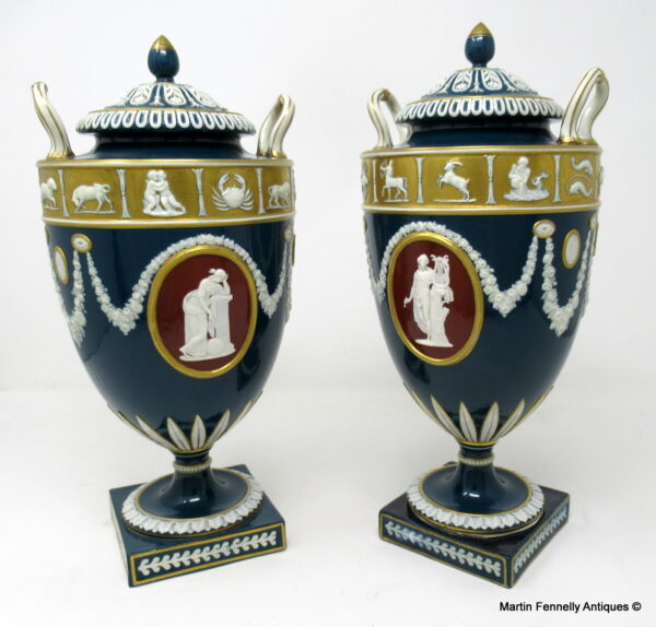 628 Sold Spectacular Pair of Wedgwood - Victoria Ware Lidded Urns - Circa 1875 - Charles Toft