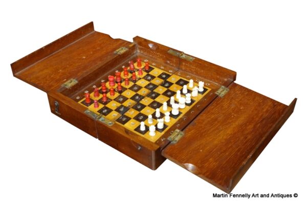 071 Sold Victorian folding cased Mahogany travelling Chess Set Circa 1890