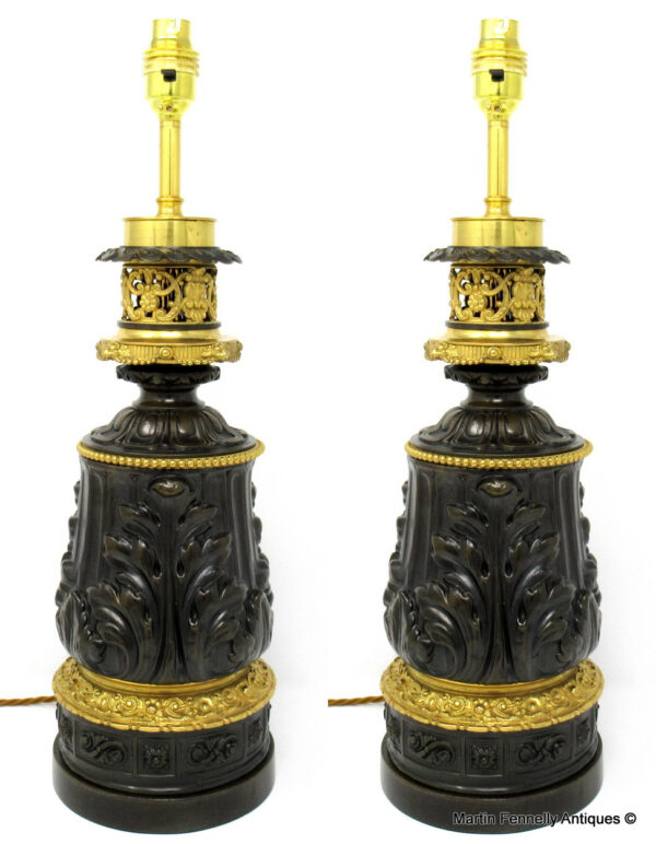 793 Sold Pair French Bronze Electric Table Lamps Ormolu Mounts 19thCt