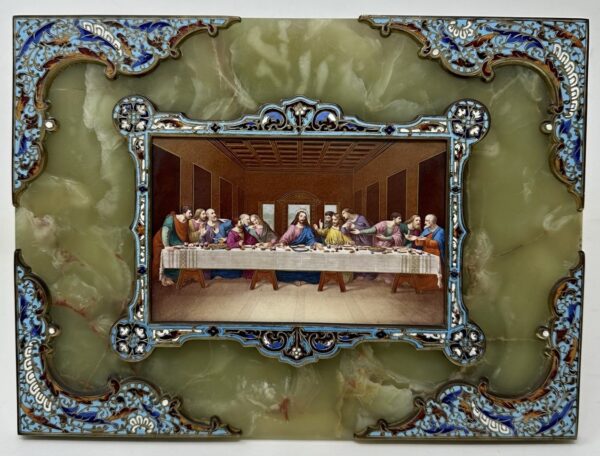 877  Antique Religious Grand Tour Plaque Last Supper Painting Alabaster Champleve