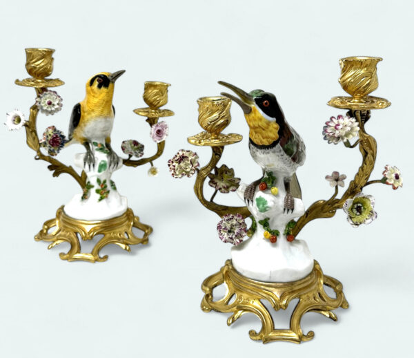 736 Sold Antique Pair French Ormolu Gilt Porcelain Birds Candlesticks Candelabra Samson