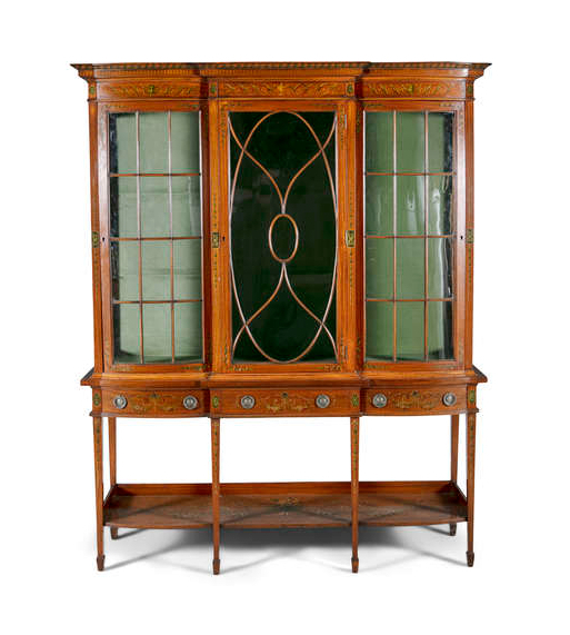 422 Sold Sheraton Revival Hand Painted Display Cabinet on Stand Circa 1900