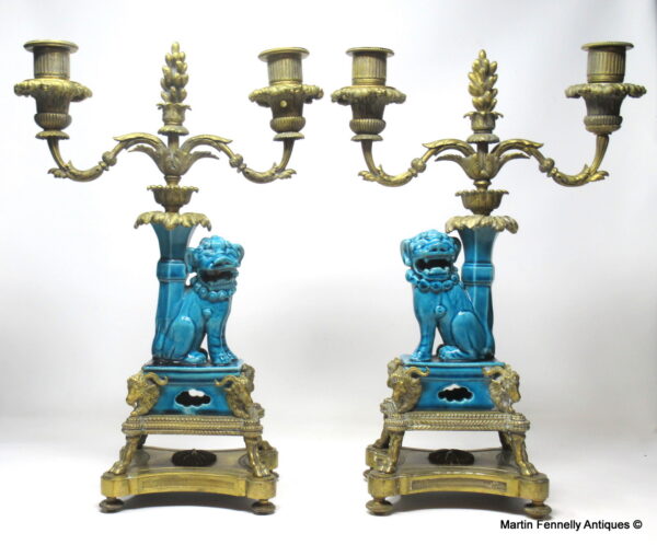 757 Sold Pair Of Candelabra Chinese Qing Dynasty Lions with later French Mounts