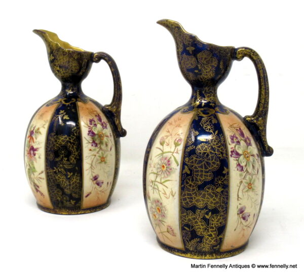 870 Sold Antique Pair Victorian English Porcelain Ewers Jugs Vases Gilt Cobalt Blue 19 Ct
