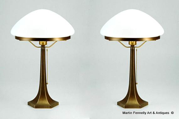 499 Pair Art Deco Style - Column Lamps - Patinated Bronze and Opal White Shades - Superb Design