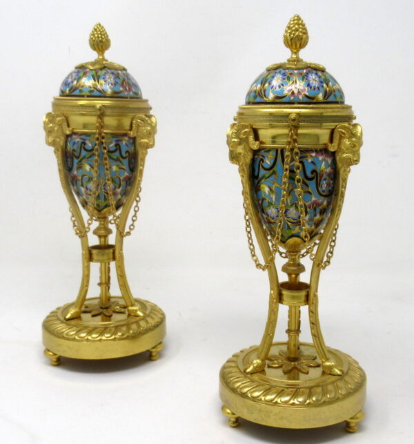 799 Sold Antique Pair French Champlevé Enamel Ormolu Gilt Bronze Cassolettes Urns Vases