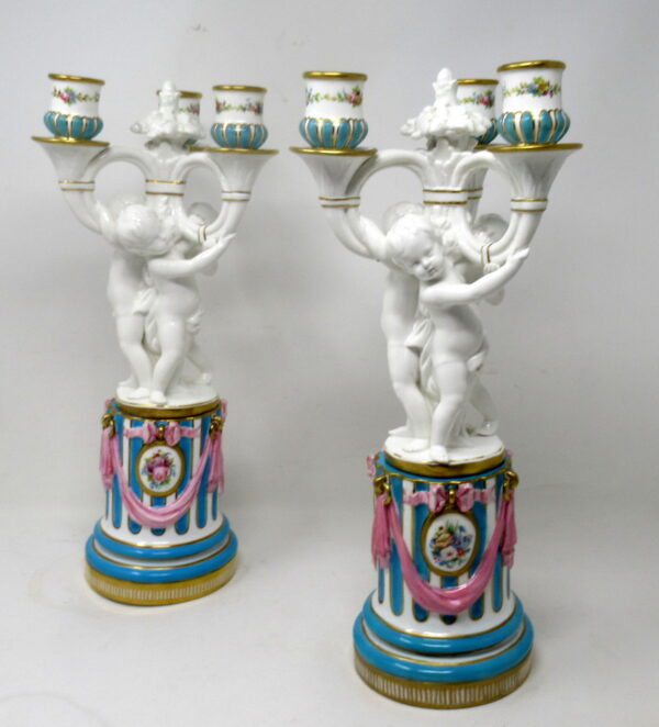 330 Antique Pair Minton Staffordshire Porcelain Candelabra Centerpieces Cherub 19C