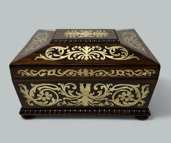 493 Antique Brass Inlaid Rosewood English Jewelry Sewing Casket Gillows Lancaster