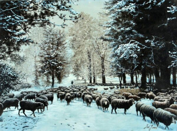 959 Ted Jones - Oil on Canvas - Driving Sheep Winter - Circa 1992