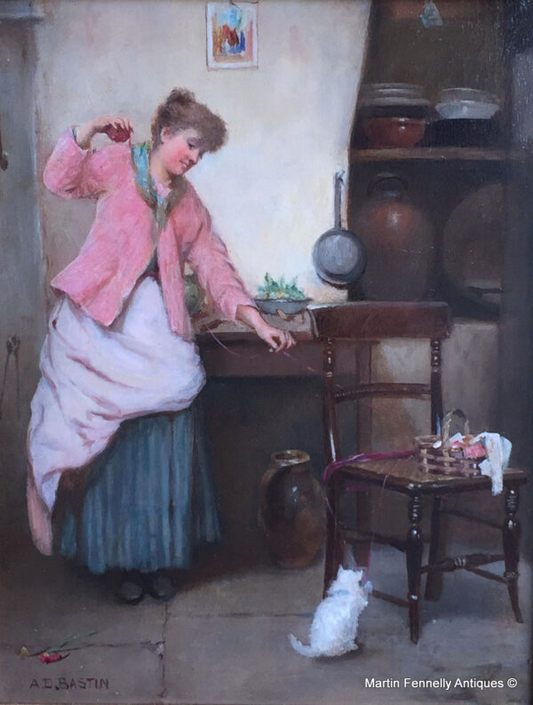 702 Sold 'A Mischievous Kitten' Oil on Board - Alfred Dickman Bastin 1849-1913