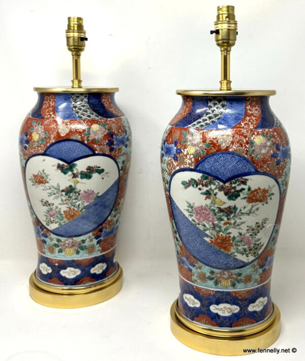 283 Antique Pair Japanese Chinese Imari Porcelain Ormolu Table Lamps Blue Red Gilt