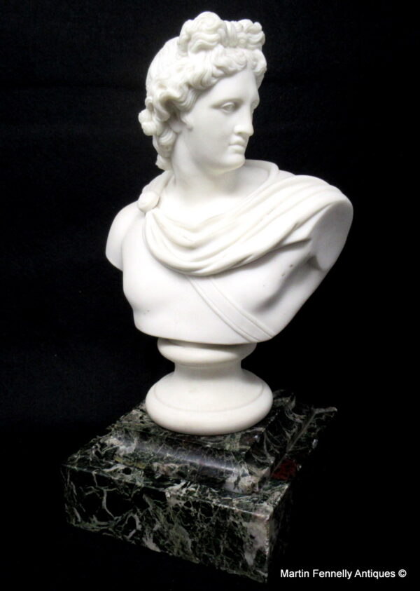 654  Sold Parian Bust of Apollo Belvedere possibly Copeland Green Marble Base 19thCt