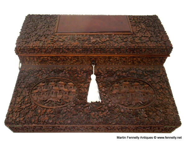 593 Sold Antique Anglo-Indian Bombay Carved Sandalwood Writing Slope Box Mid 19thCentury