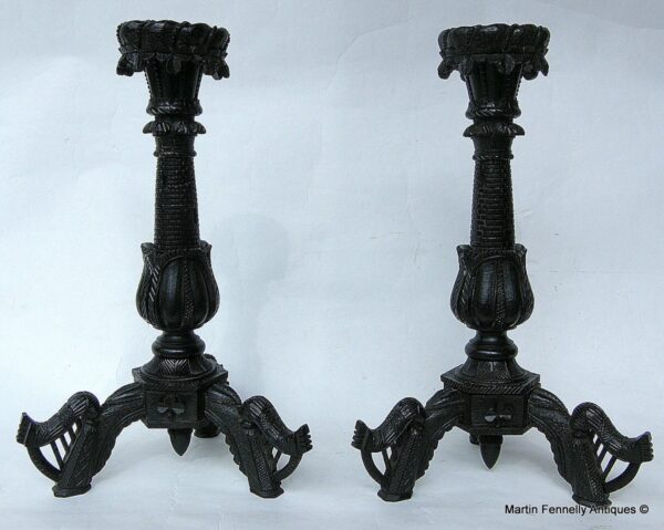 252 Sold Large Pair Irish Bog Oak Candlesticks Museum Quality - Circa 1870