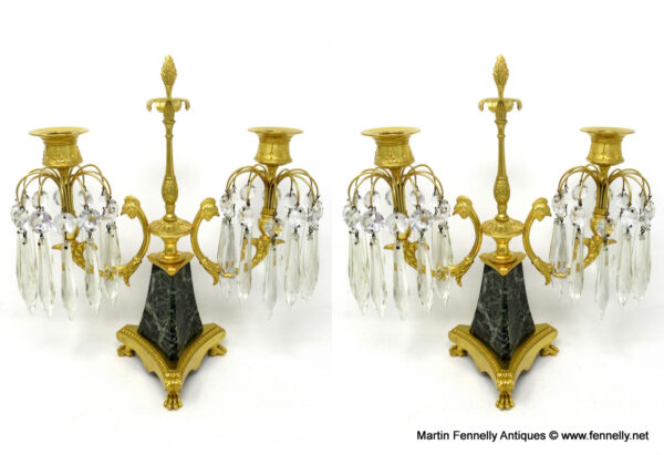 652 Sold Antique Pair Ormolu Bronze Marble Crystal Twin Branch Candelabra French Lusters