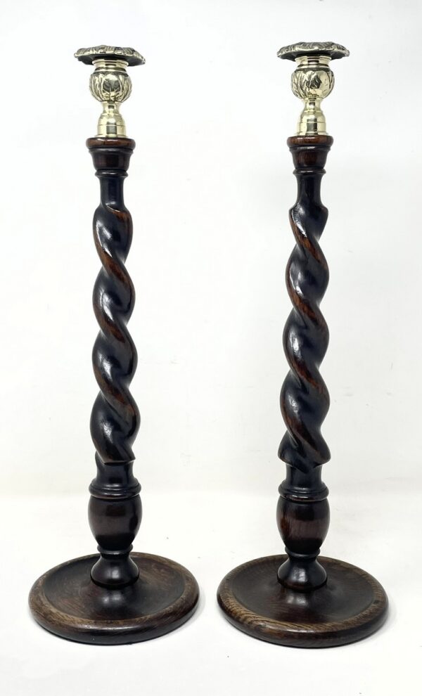 665 Large Pair - Oak and Brass Candlesticks - Circa 1890