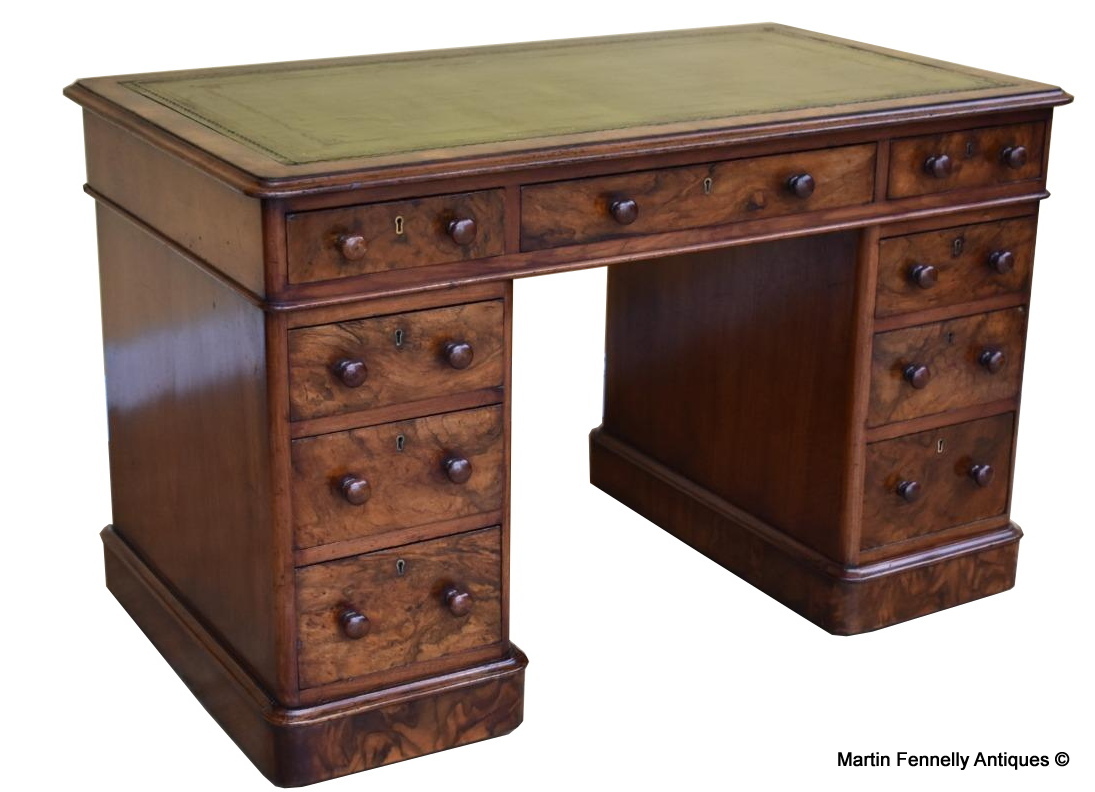 344 Sold Superb Burl Walnut Early Victorian Twin Pedestal Desk 19thCt