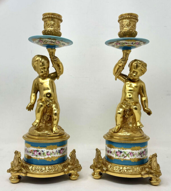 718 Sold Antique Pair Ormolu Sèvres Porcelain Gilt Bronze Celeste Candlesticks Candelabra