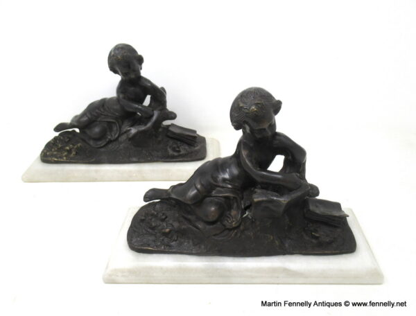 783 Antique Pair French Grand Tour Bronze Marble Cherubs Figures Putti Bookends