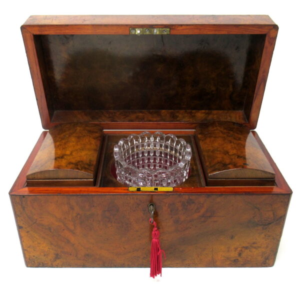 081 Sold Antique Georgian Burl Walnut English Double Tea Caddy Box Cut Crystal Bowl 19Ct