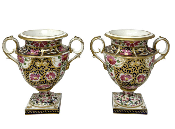 525 Antique Pair English Royal Crown Derby Campana Porcelain Urns Vases Imari Patern