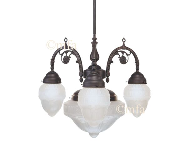 898 Antique Brass and Frosted Glass Chandelier - German