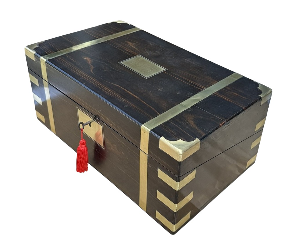 349 Sold Antique Regency Brass Bound Coromandel Traveling Desk Wooden Writing Slope Box