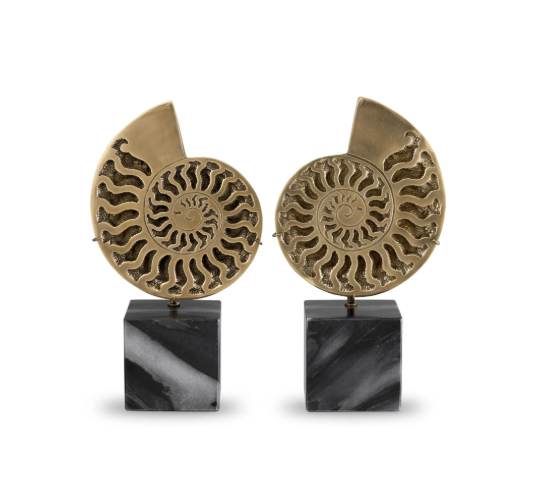 078 Ammonite Object - Vintage Brass - Set Of 2 - Marble Bases