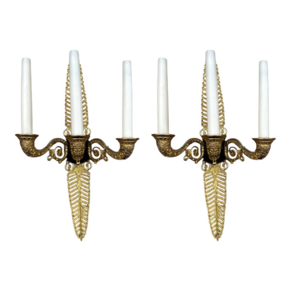205  Antique Pair Ormolu Gilt Bronze Treble Light Wall Electric Sconces Appliques 19C