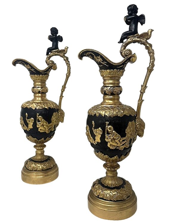 418 Sold Antique Pair French Bronze Ormolu Ewers Vases Manner of Claude Michel Clodion