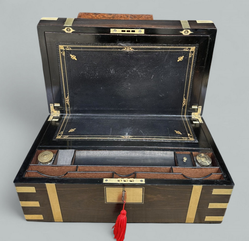 349 Sold Antique Regency Brass Bound Coromandel Traveling Desk Wooden Writing Slope Box - Image 3