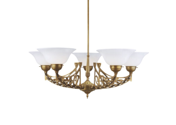 489 Antique Brass and Frosted Glass Chandelier – German