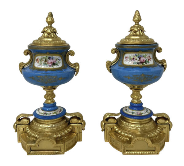 562 Antique Pair Celeste Blue French Sèvres Porcelain Ormolu Urns Vases Centerpiece