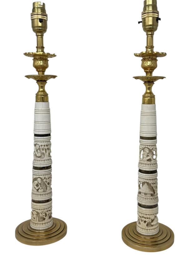 479 Antique Pair Ormolu Hand Carved Bovine Bone Candlesticks Table Lamps Chinese Japanese