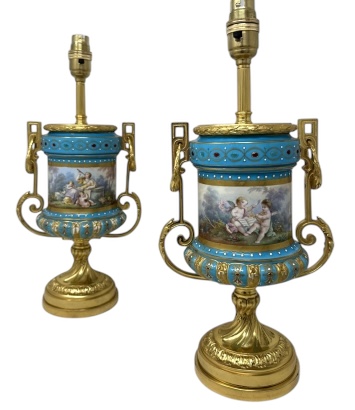 466 Pair Antique French Sèvres Porcelain Ormolu Celeste Blue Jewell Table Urns Lamps