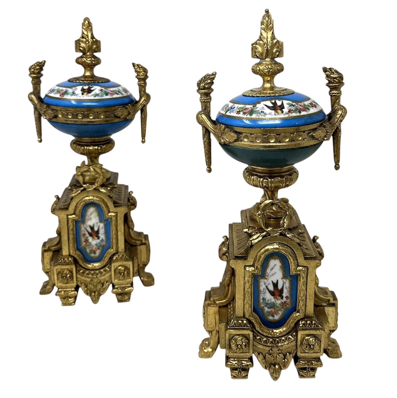 721 Sold Antique Pair Celeste Blue French Sèvres Porcelain Ormolu Urns Vases Garnitures