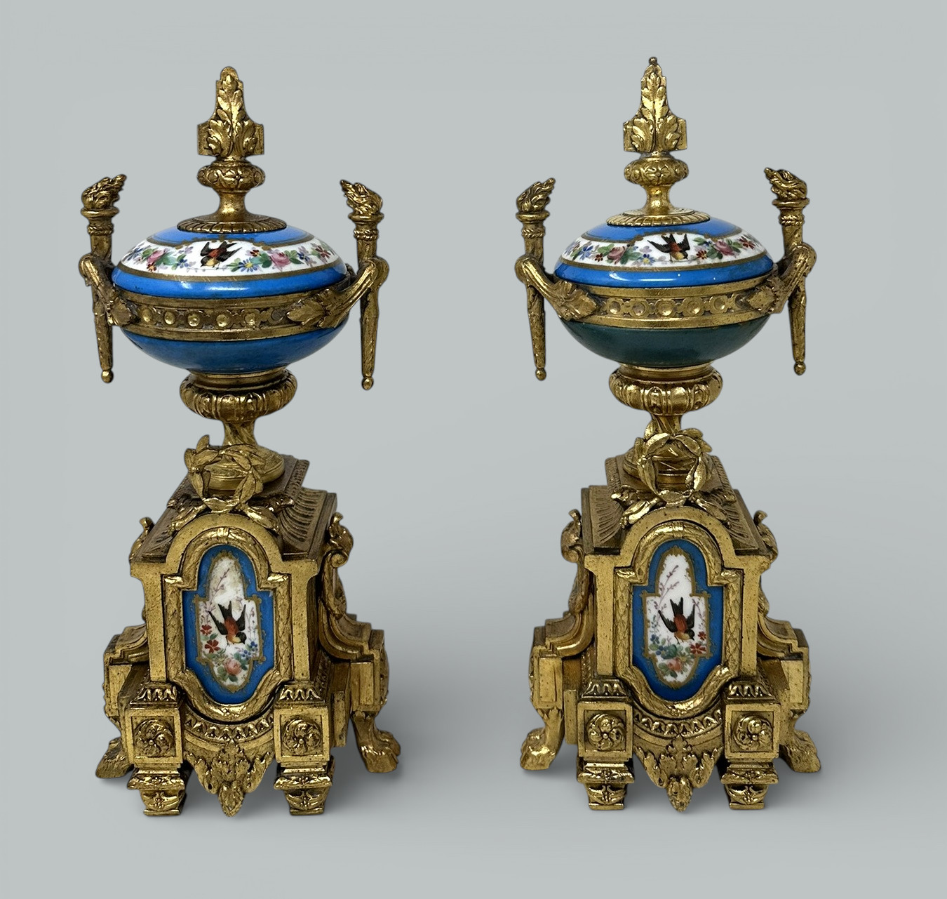 721 Sold Antique Pair Celeste Blue French Sèvres Porcelain Ormolu Urns Vases Garnitures - Image 2