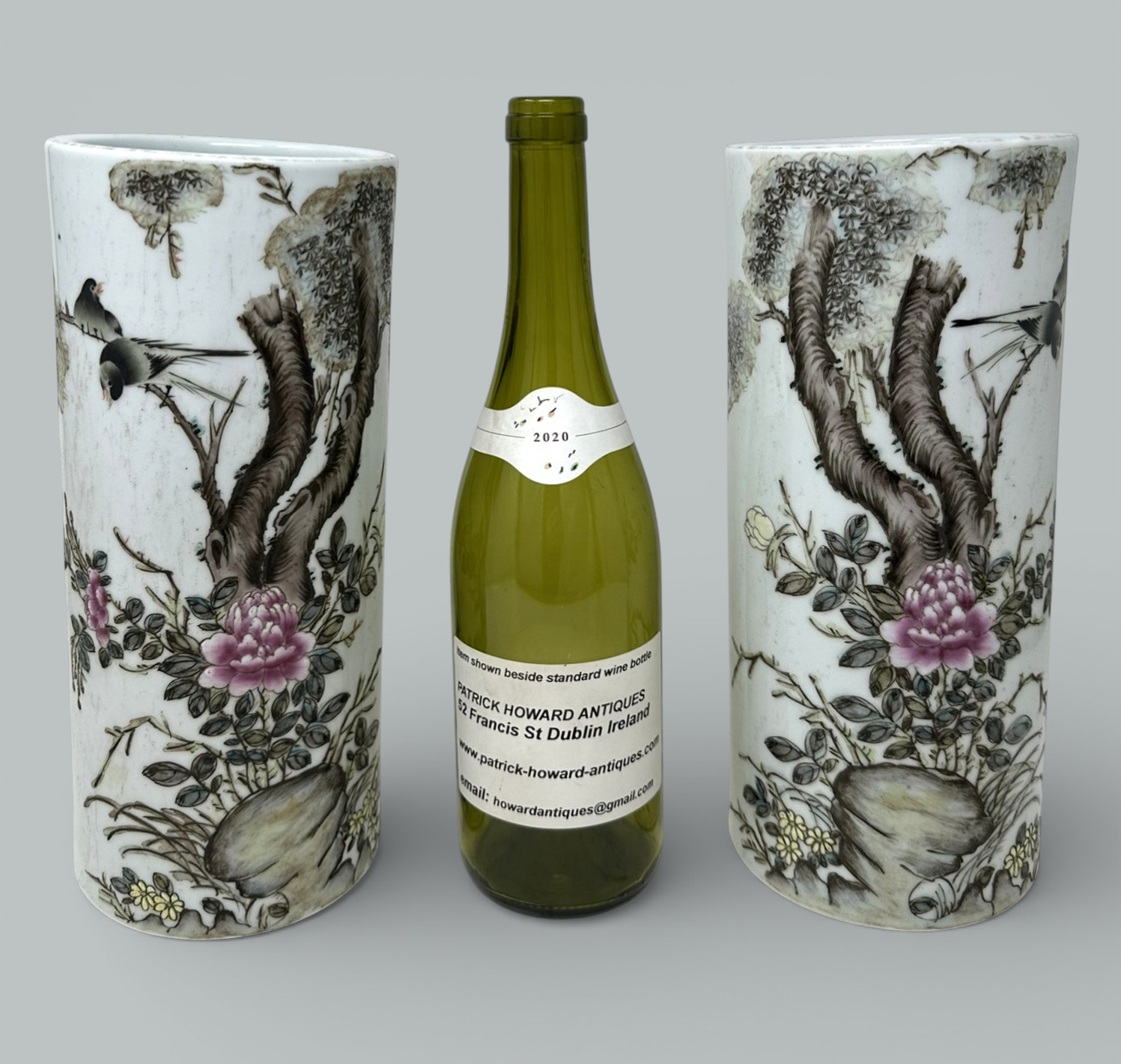 240 Antique Pair Rose Medallion Chinese Porcelain Brush Wash Vases arrtib. Liu Yucen - Image 6