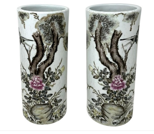 240 Antique Pair Rose Medallion Chinese Porcelain Brush Wash Vases arrtib. Liu Yucen