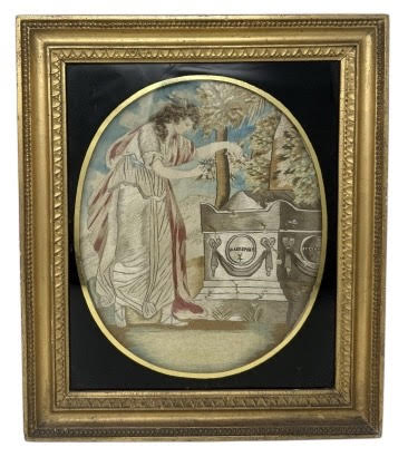 744 Regency Silk Embroidered Sampler Anjelica Kauffmann Engraving Shakespeare's Tomb