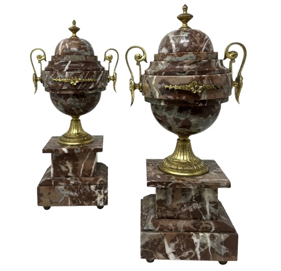 491 Pair French Regency Style Giallo Sienna Marble Gilt Bronze Ormolu Urns Vases 19Ct