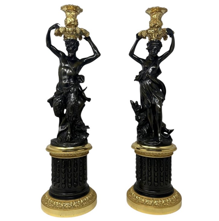 054 Antique Pair French Bronze Ormolu Candlesticks Albert-Ernest Carrier-Belleuse
